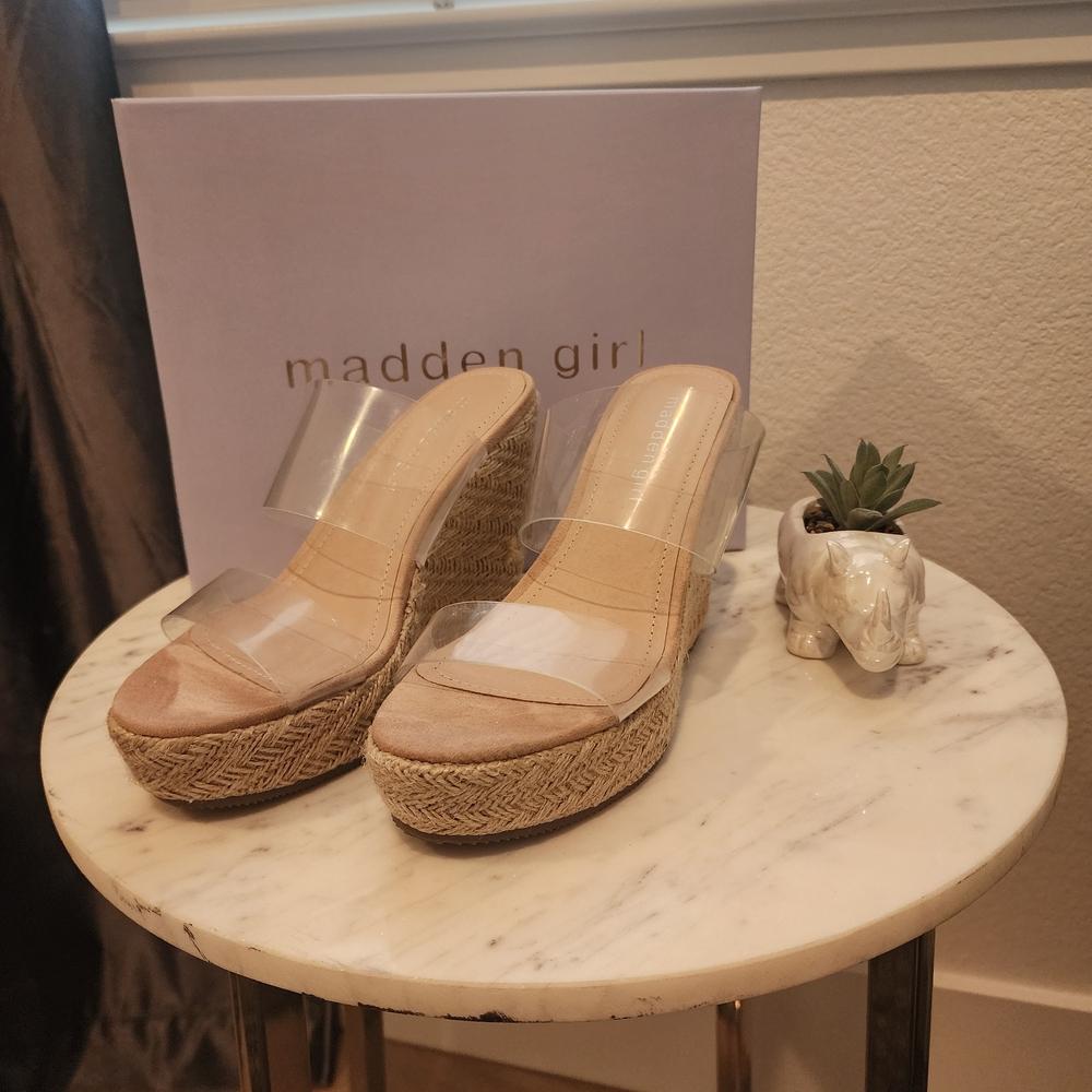 Madden Girl Clear and Tan Wedge Sandals